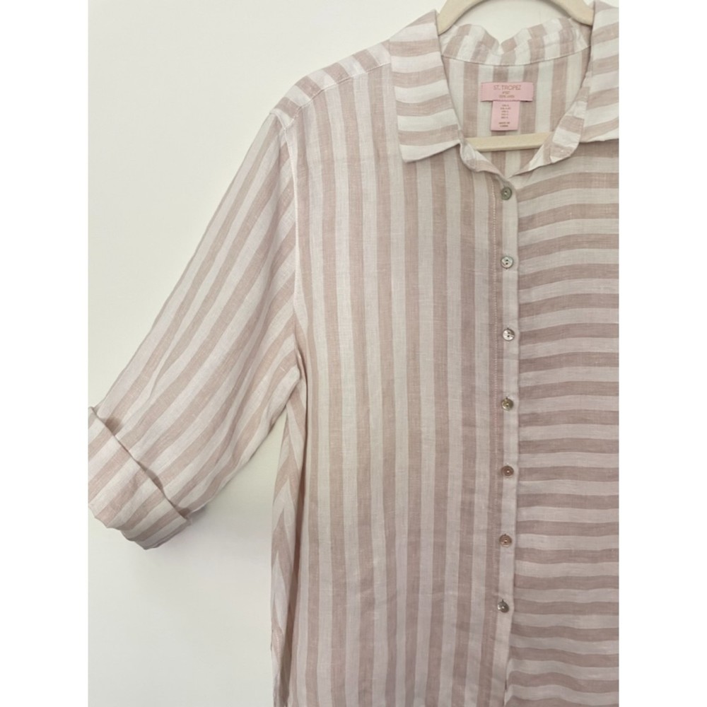 St. Tropez 100% Linen Neutral Beach Minimalist Button Shirt Women’s Large d128 - Picture 8 of 12